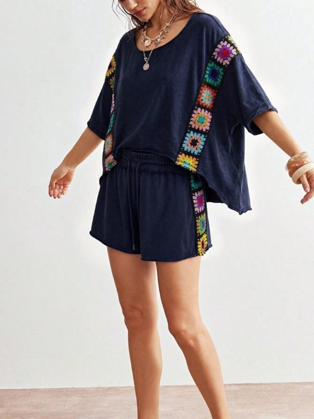 Navy Blue Casual Women's Knit Round Neck Loose Short Sleeve T-Shirt & Shorts - Picture 9 of 10